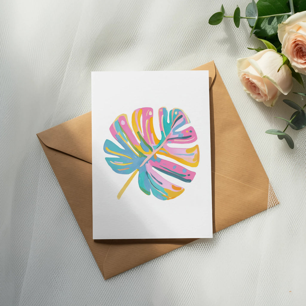 Card with colorful abstract monstera leaf design on envelope, with roses.