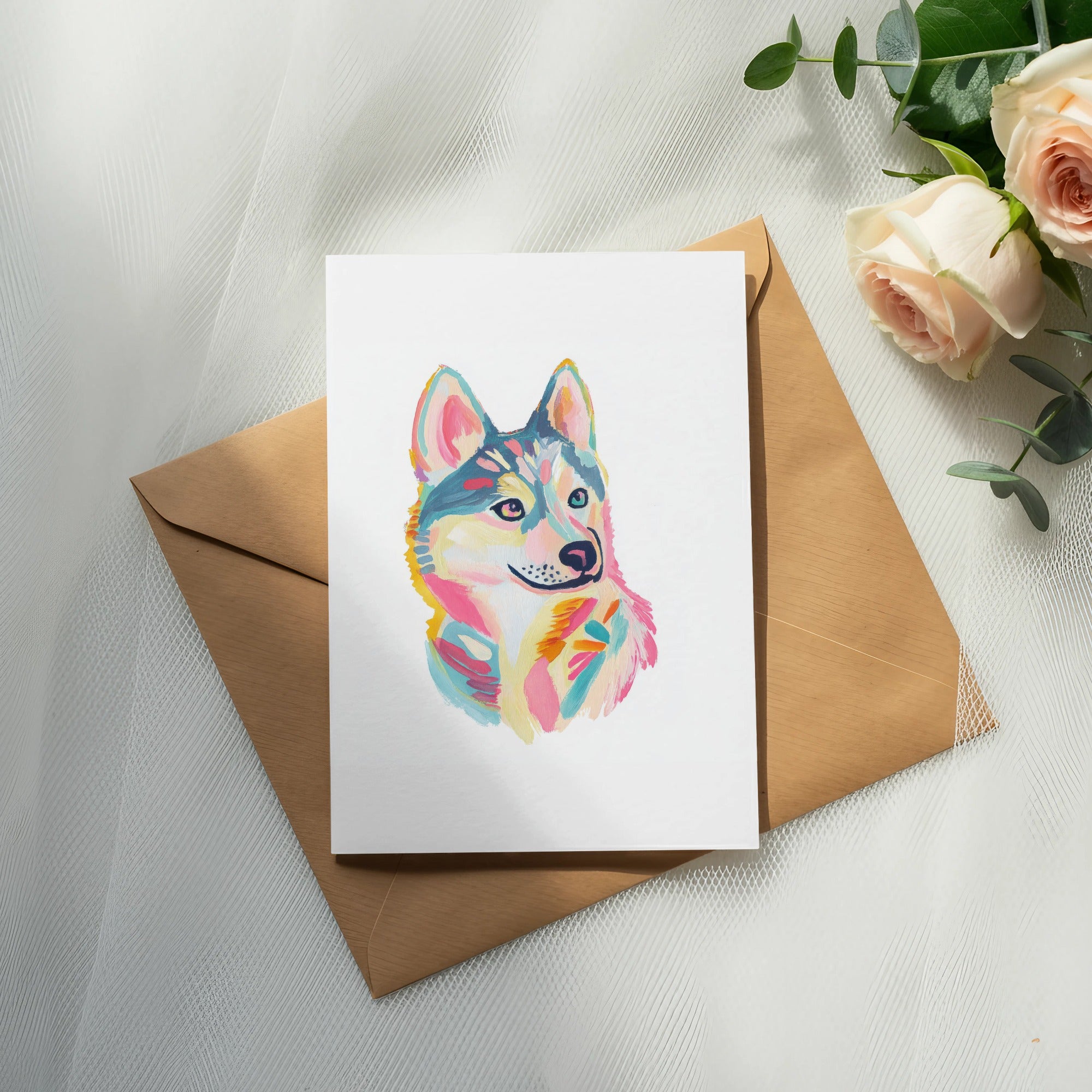 Watercolor husky portrait on white card atop brown envelope with roses.