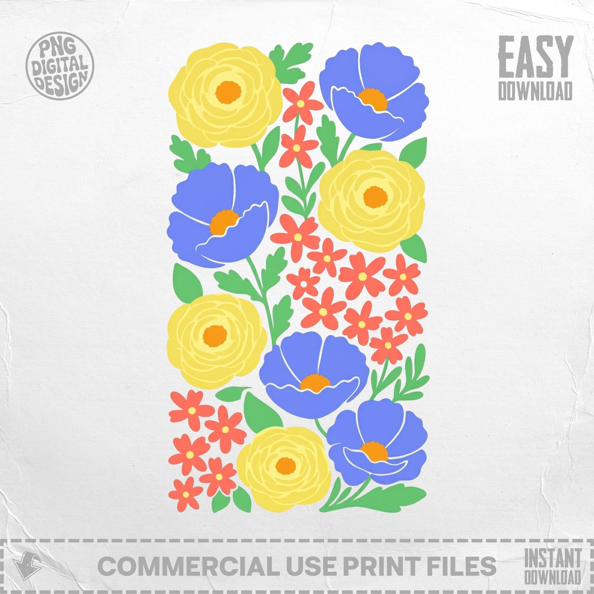 Floral design with yellow roses and blue flowers against a textured background.