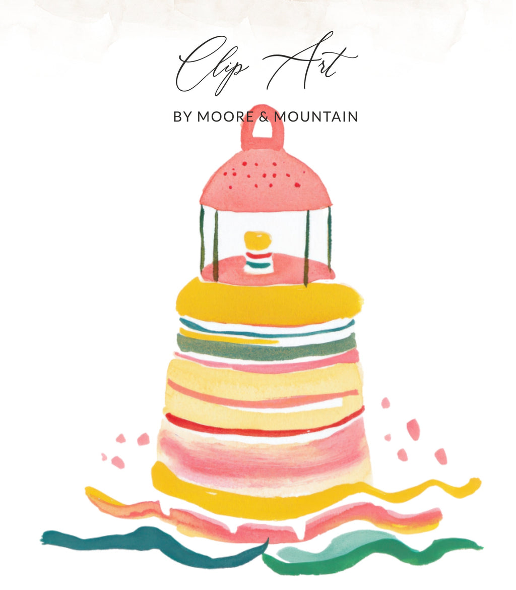 Whimsical lighthouse illustration with "Clip Art BY MOORE & MOUNTAIN" text.