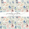 Seamless pattern with Texas flag, hat, guitar, and flowers.