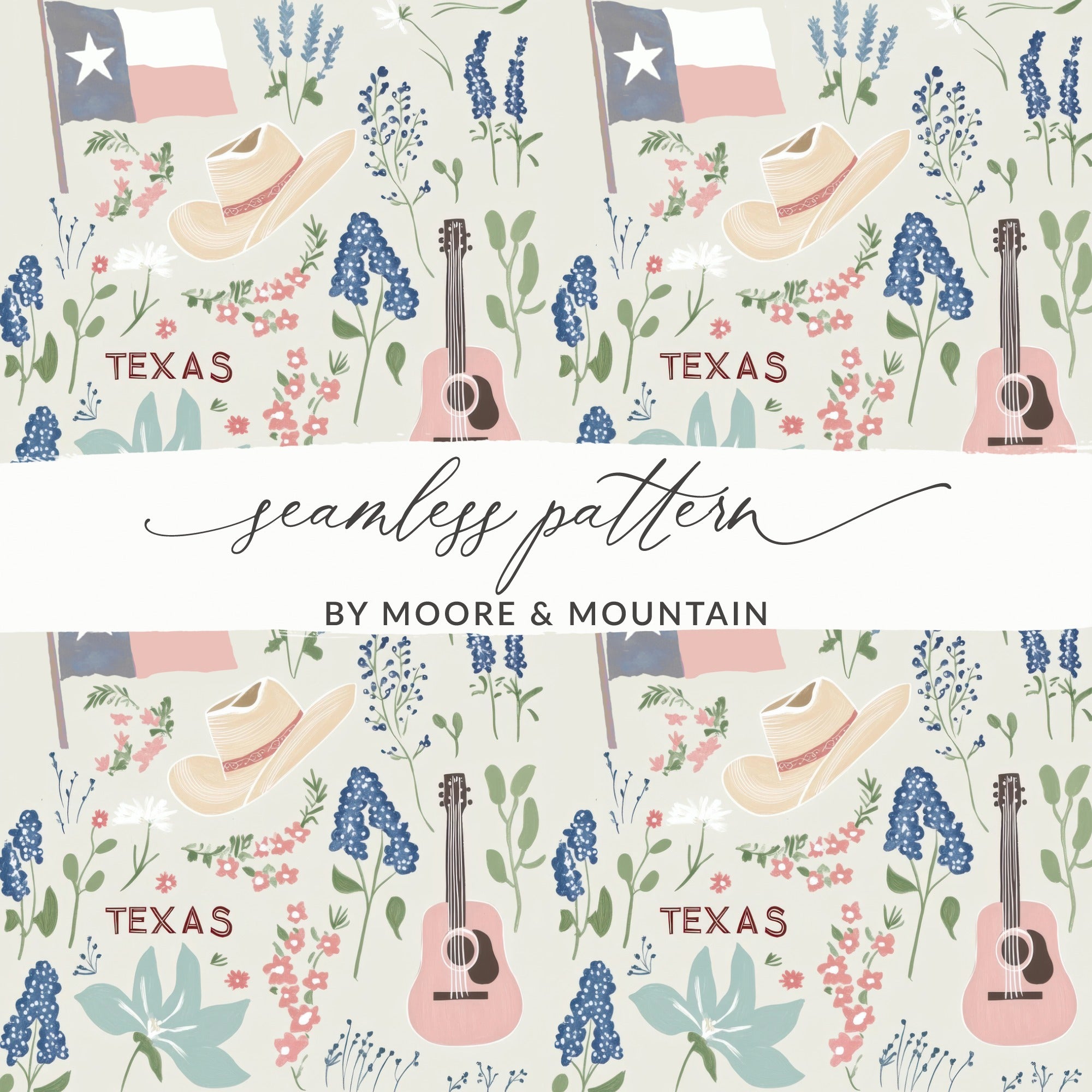 Seamless pattern with Texas flag, hat, guitar, and flowers.