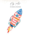 Watercolor rocket with American flag design, "Clip Art by Moore & Mountain" text.