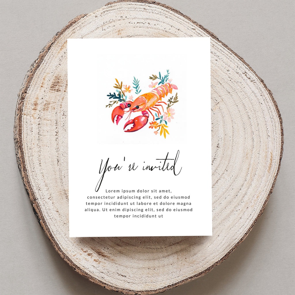 Invitation with a lobster illustration and floral accents, reading "You're invited."