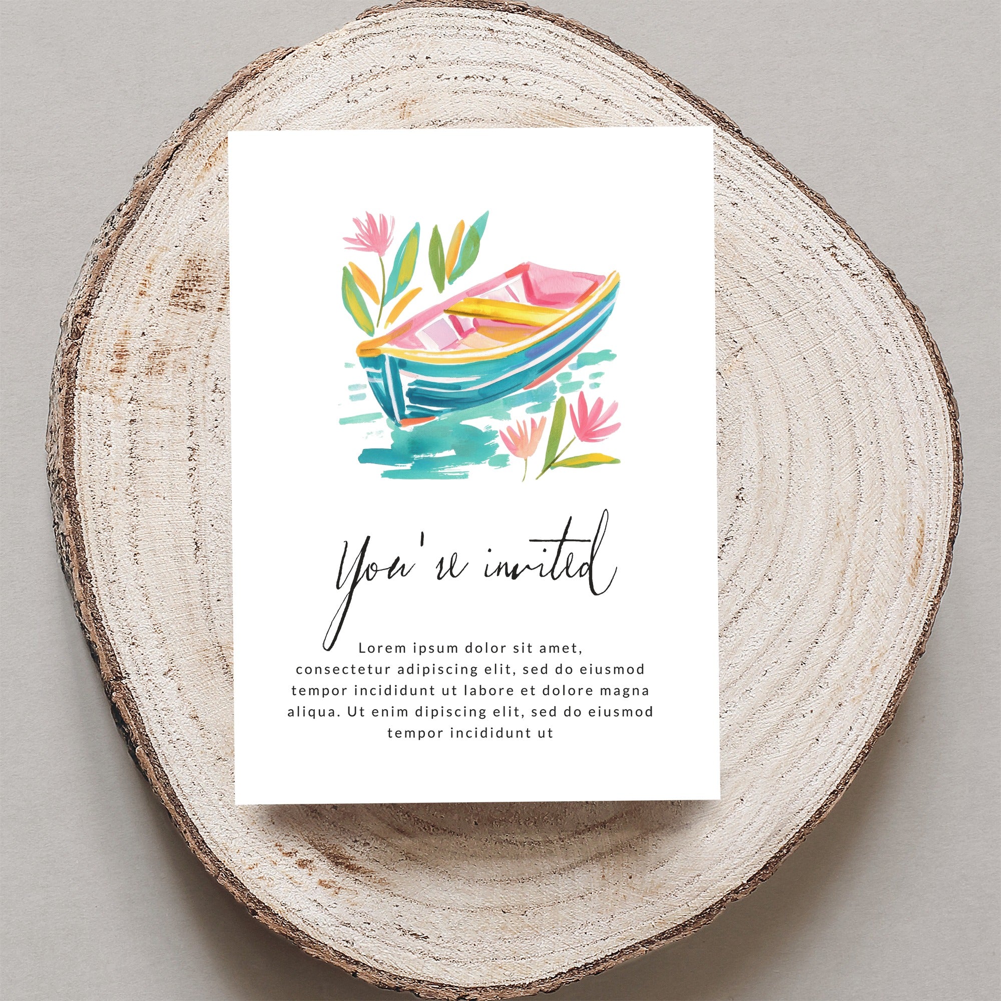 Invitation with a watercolor boat illustration and "You're invited" text.
