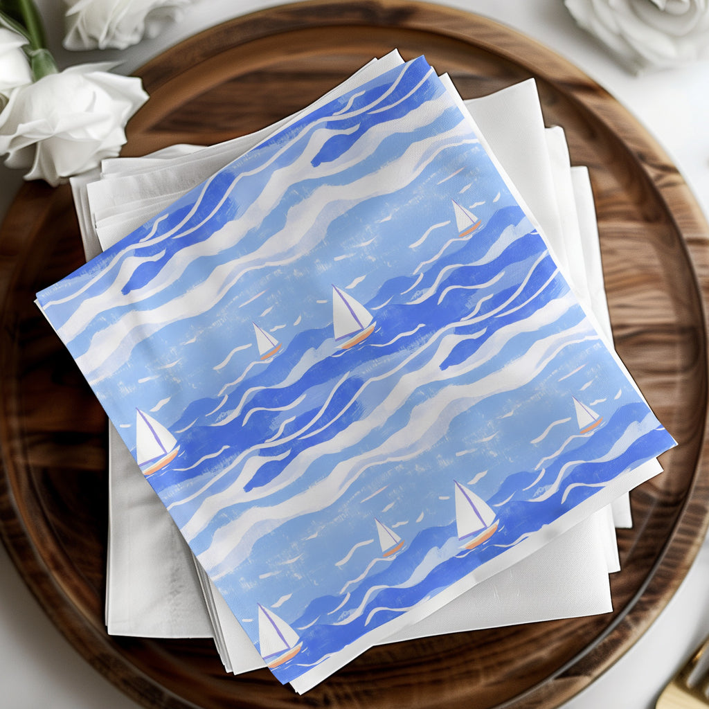 Nautical Digital Paper, Sailing Boat Pattern, Blue Sea Illustration, Seamless Texture, Scrapbook Paper, Downloadable Art, JPEG Files