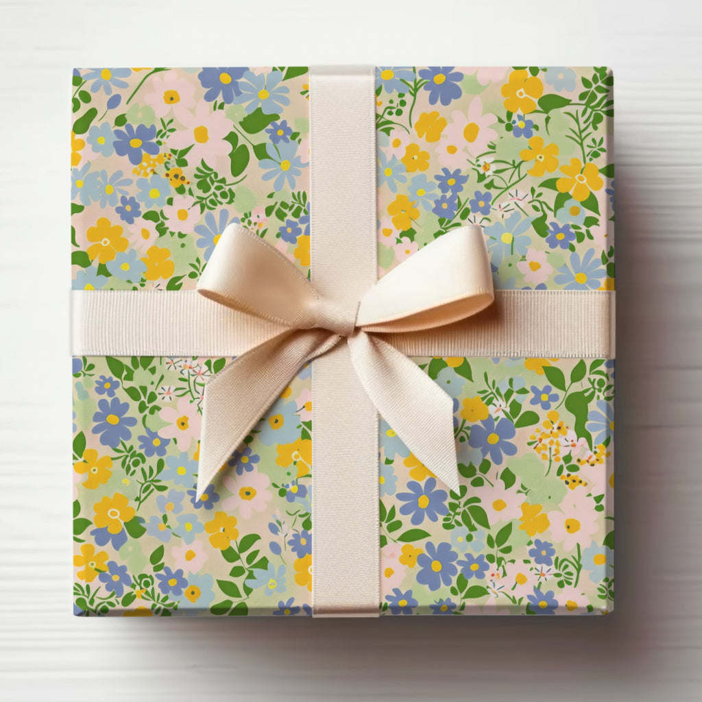 Floral Patterned Gift Wrap with Cream Ribbon