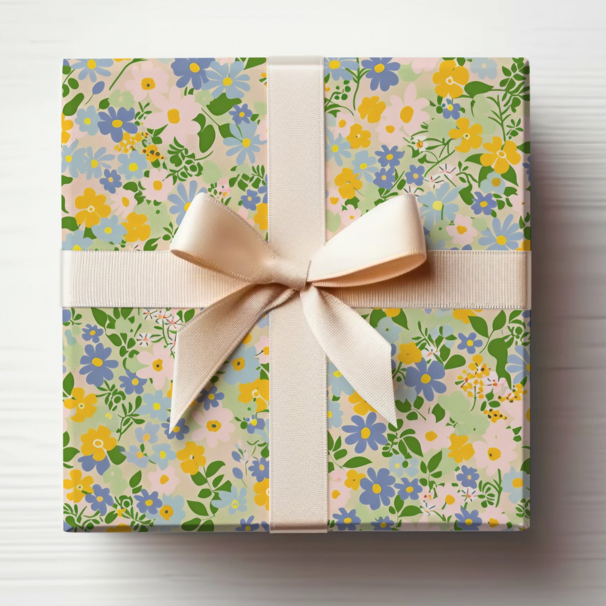 Floral Patterned Gift Wrap with Cream Ribbon