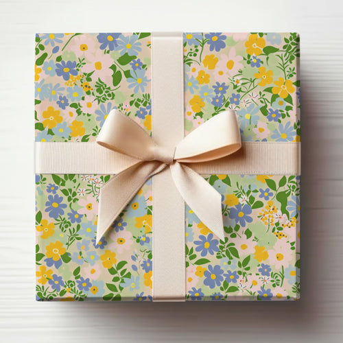 Floral Patterned Gift Wrap with Cream Ribbon