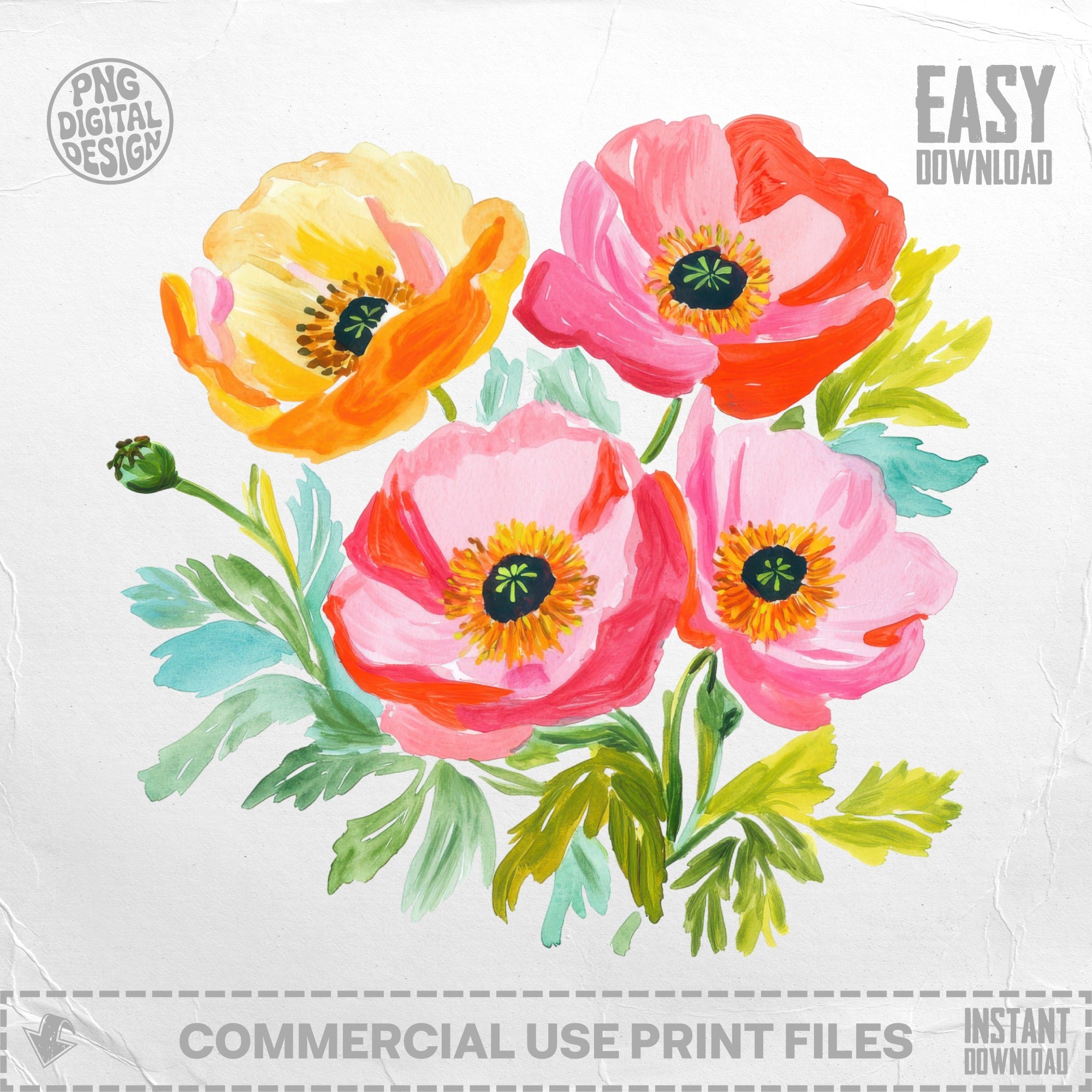 Watercolor poppies in pink, orange, and yellow with green leaves.