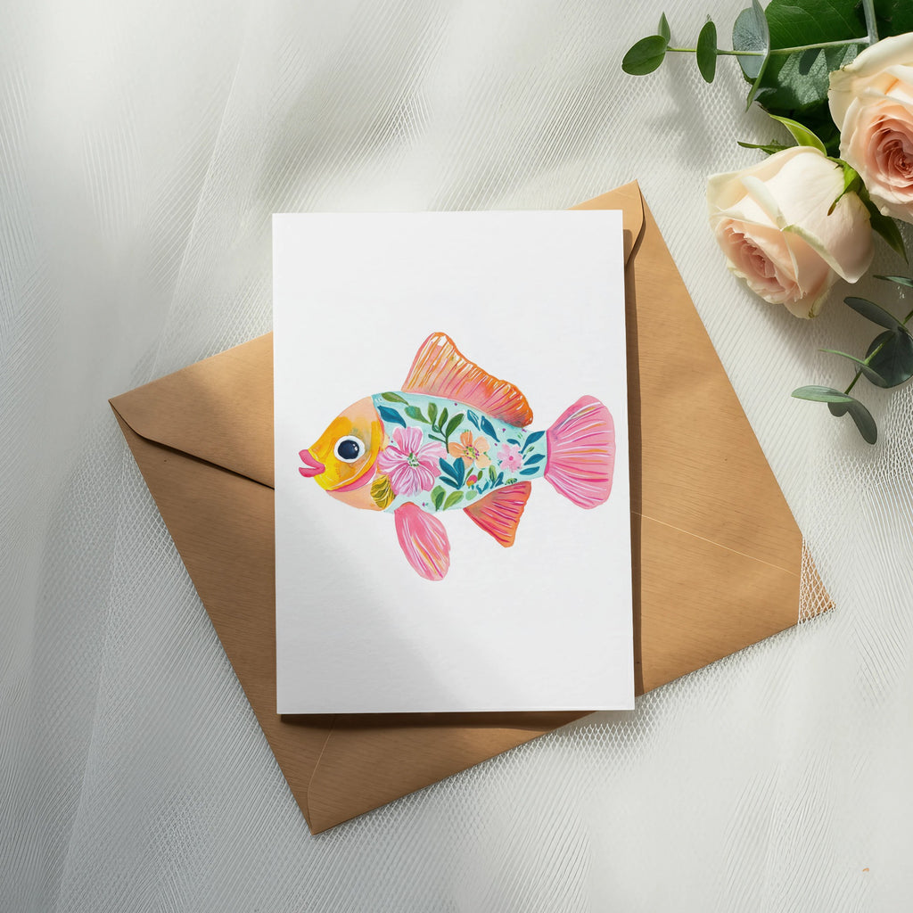 Greeting card with a colorful floral fish illustration on a brown envelope.