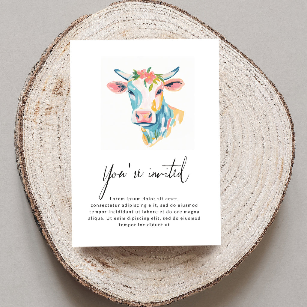 Invitation with watercolor cow and "You're invited" text.