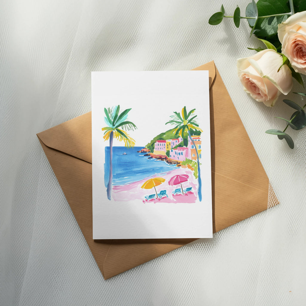 Watercolor of a tropical beach scene with palm trees, umbrellas, and buildings.