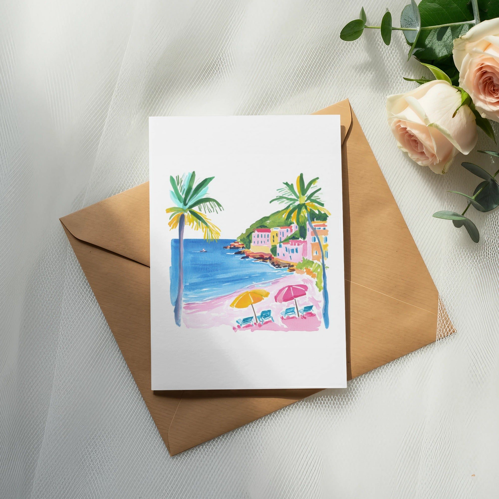 Watercolor of a tropical beach scene with palm trees, umbrellas, and buildings.