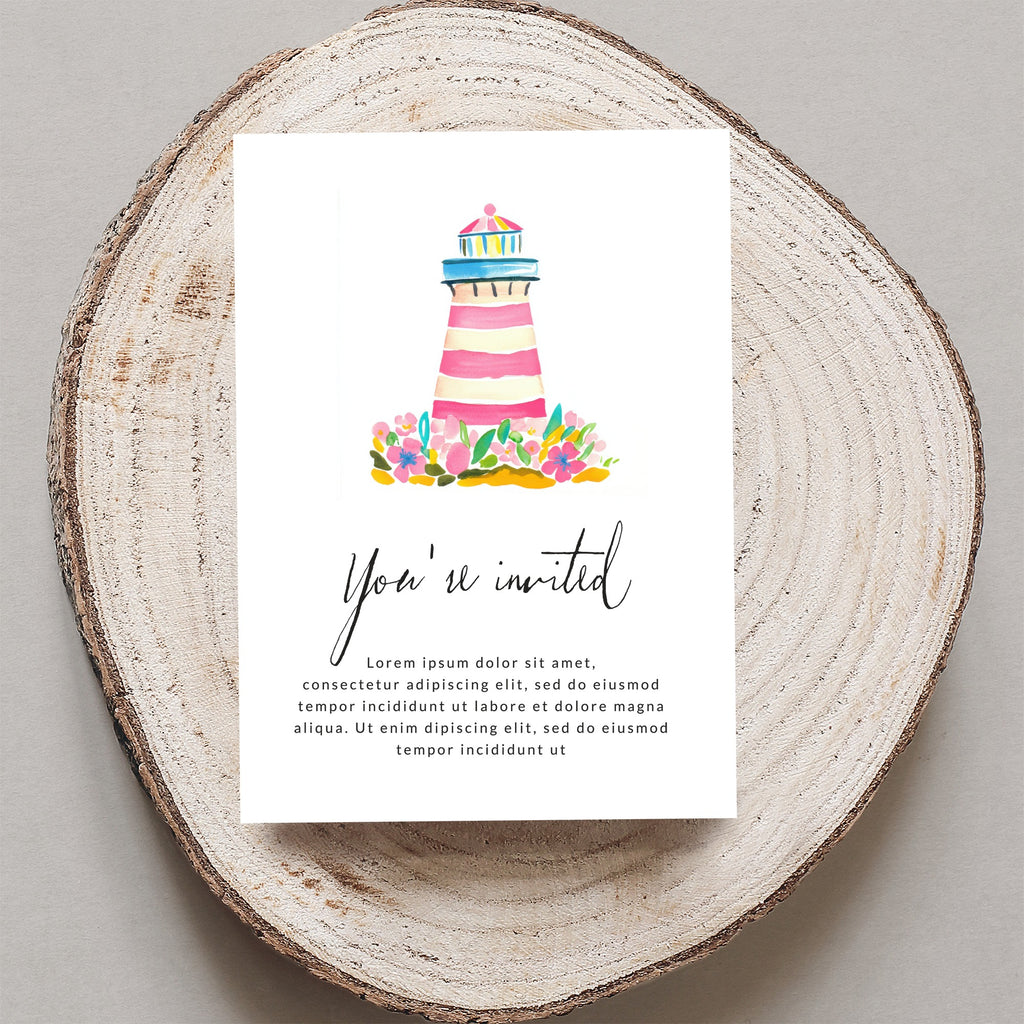Watercolor lighthouse and flowers on invitation, "You're invited" text.