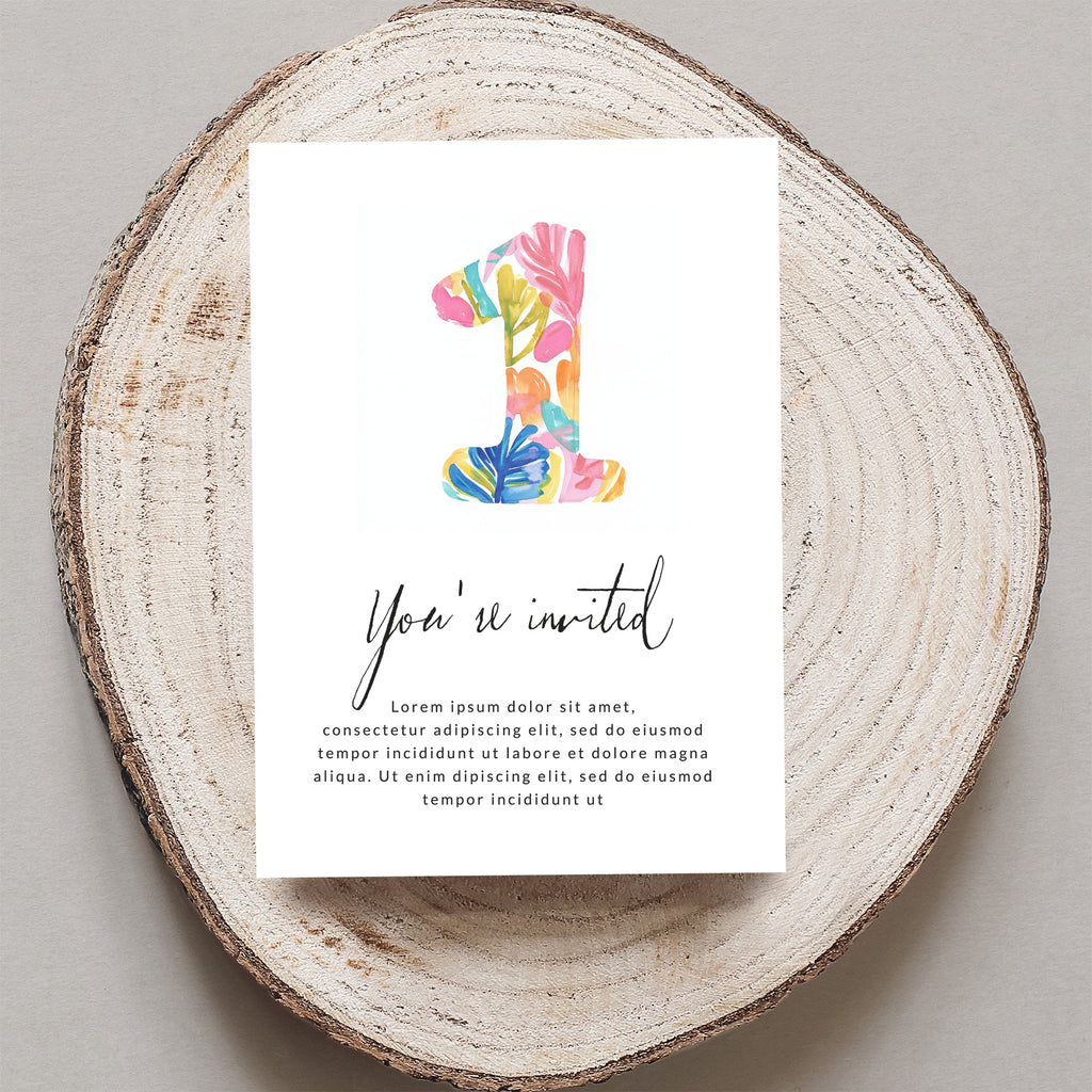 "You're invited" card with a colorful "1" on a wood slice.