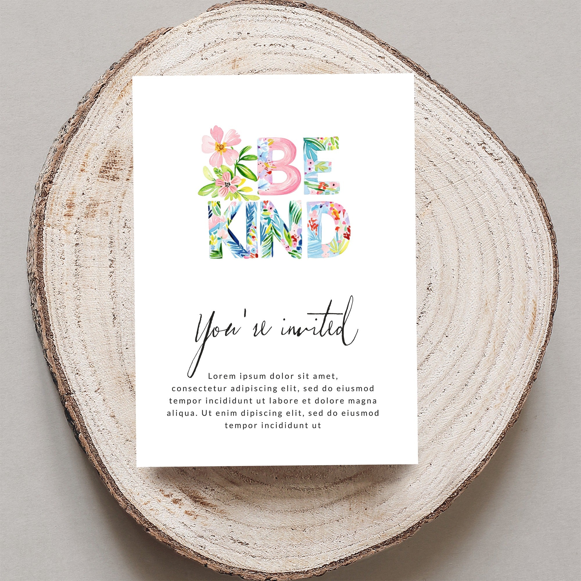 "BE KIND" invitation card with floral accents and placeholder text.