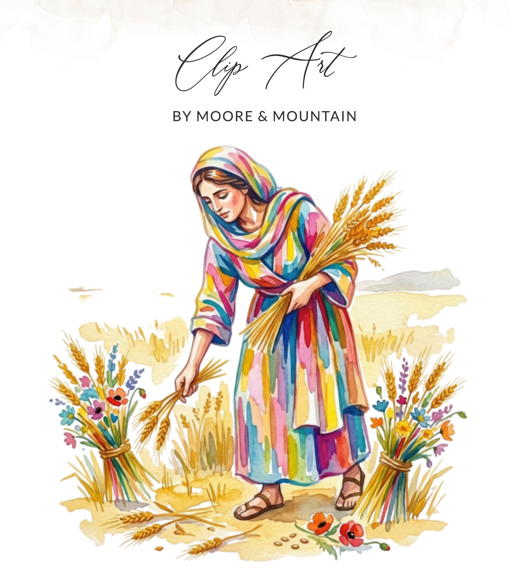 Woman in colorful robe harvesting wheat with flowers and text "Clip Art by Moore & Mountain".