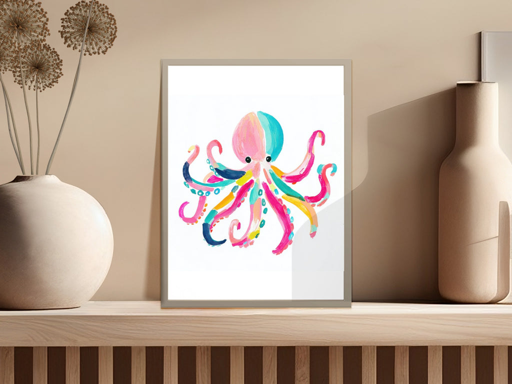 Colorful abstract octopus artwork in a gray frame on a shelf.