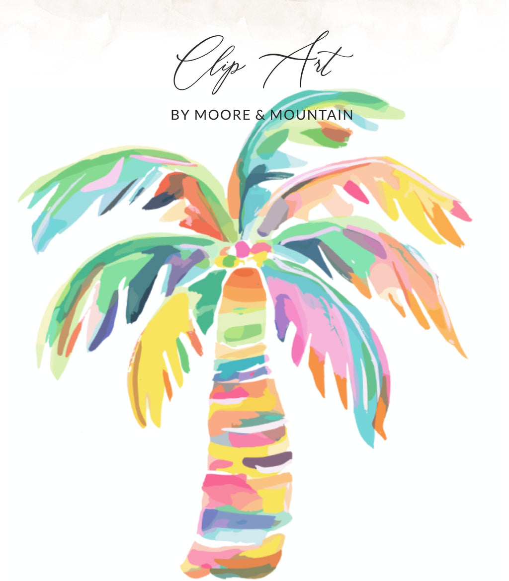 Colorful abstract palm tree art with text "Clip Art BY MOORE & MOUNTAIN".