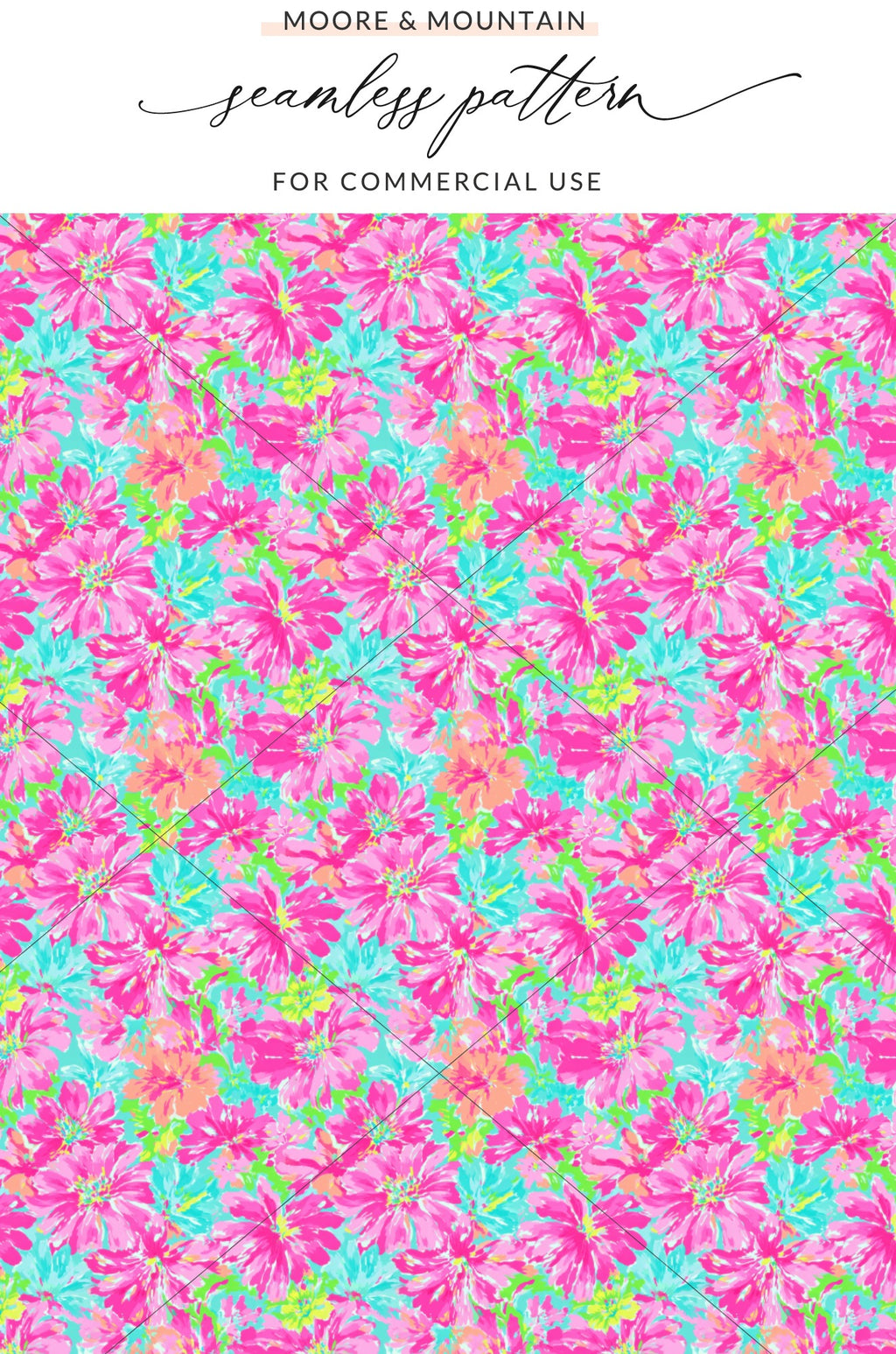 Pink and green floral pattern with diagonal lines on a turquoise background.