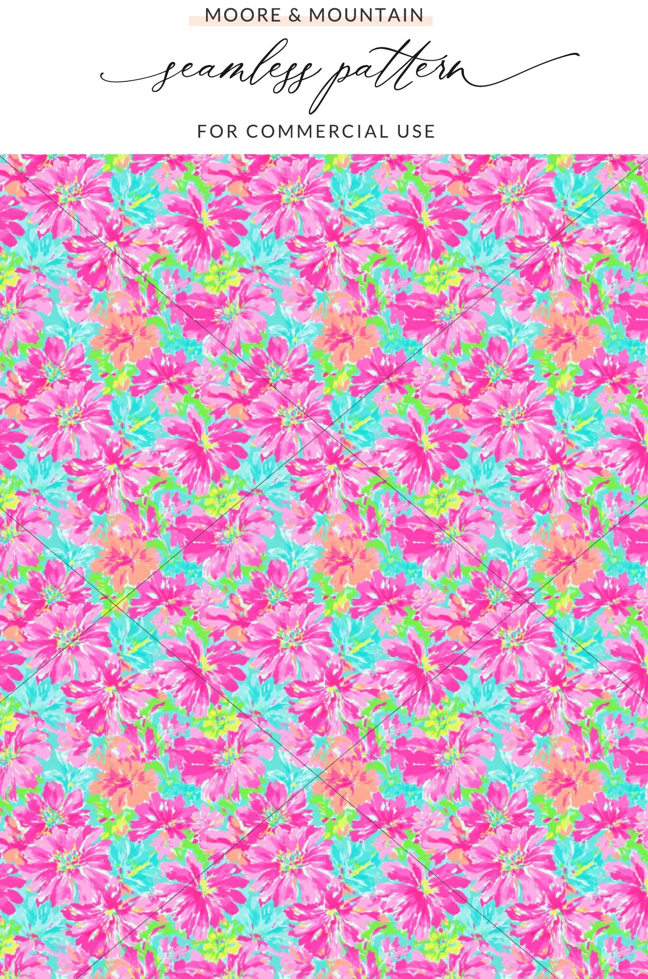 Pink and green floral pattern with diagonal lines on a turquoise background.
