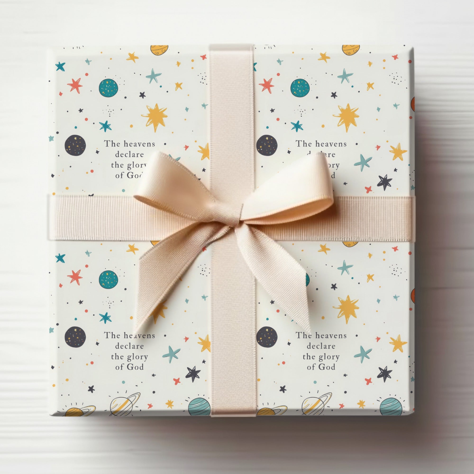 Space Themed Gift Wrap With Bible Verse Design