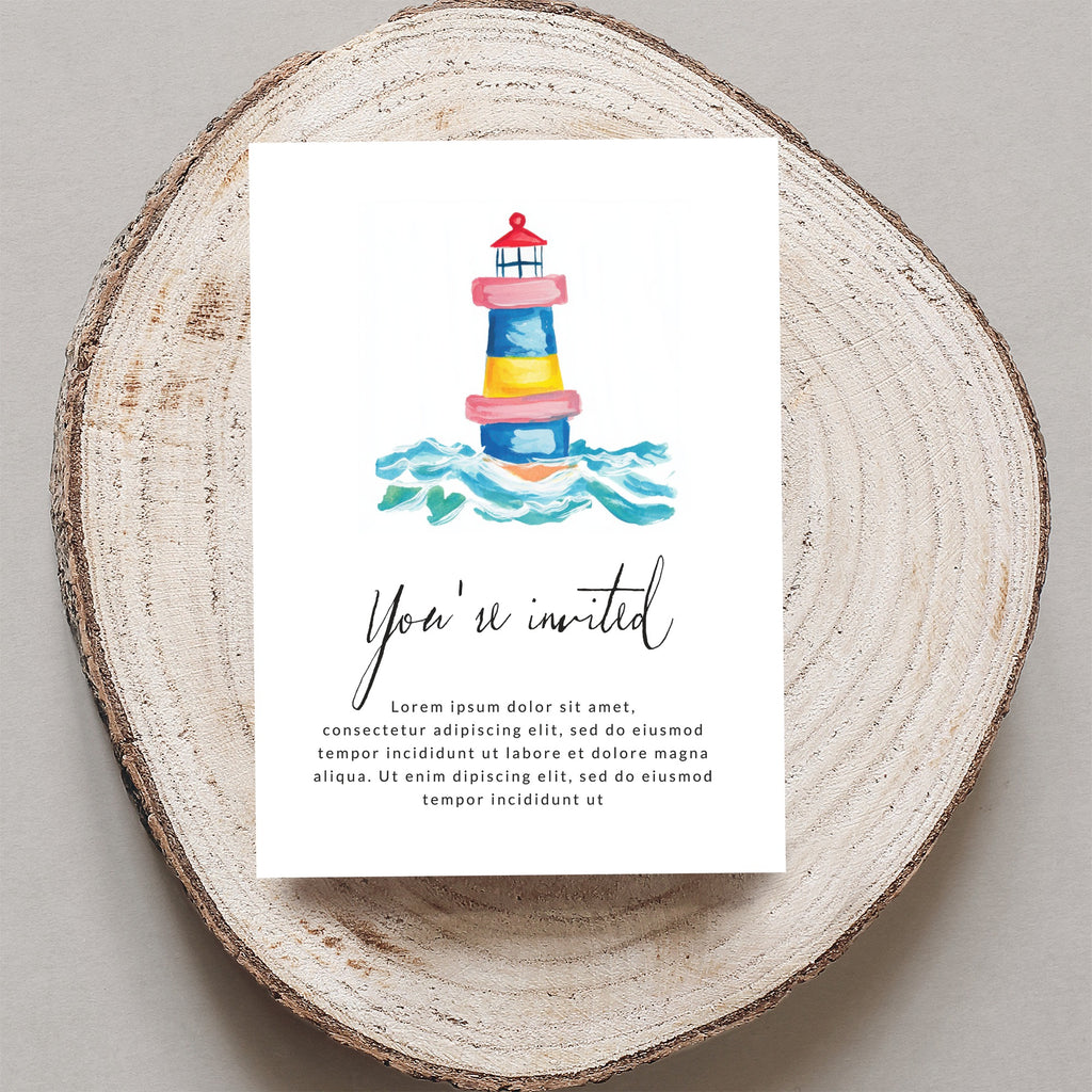 Invitation with watercolor lighthouse and text "You're invited".