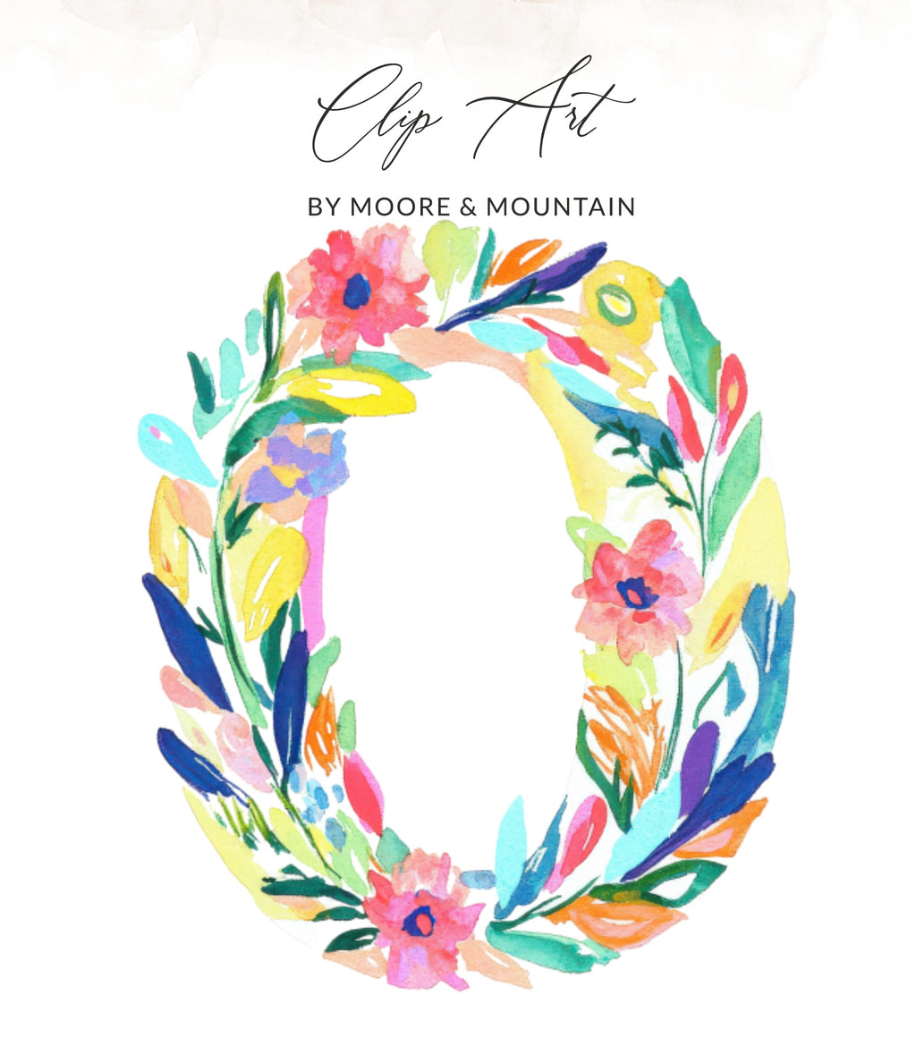 Floral watercolor wreath with "Clip Art" and "BY MOORE & MOUNTAIN" text.