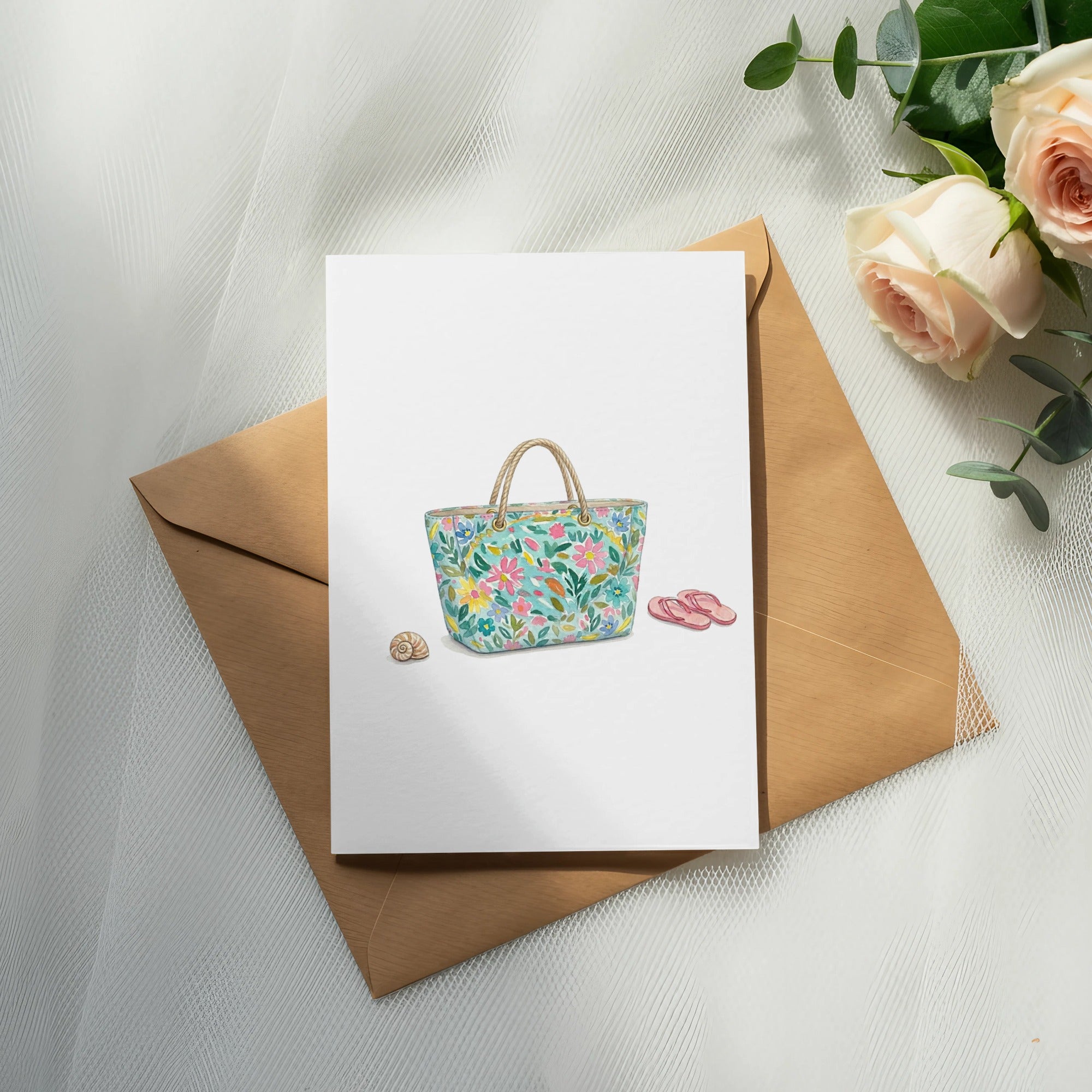 Illustration of a floral beach bag, seashell, and flip-flops on a card.