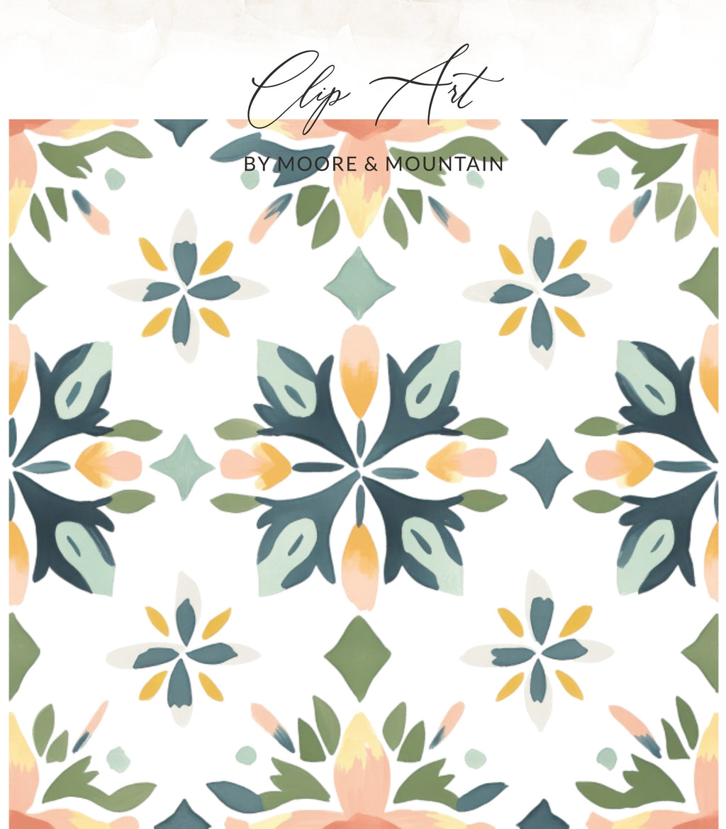Floral repeating pattern with pastel colors, "Clip Art by Moore & Mountain".