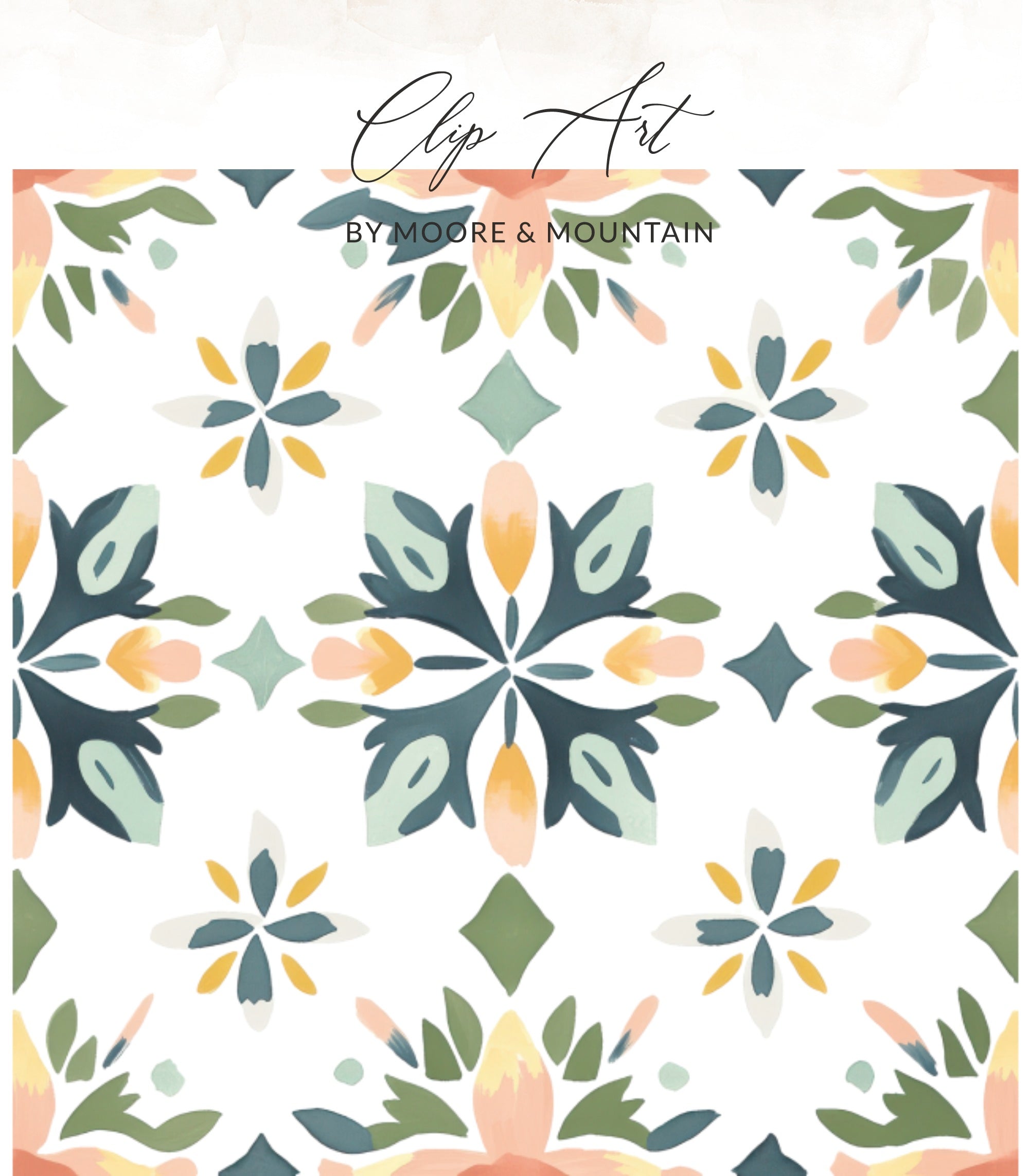 Floral repeating pattern with pastel colors, "Clip Art by Moore & Mountain".