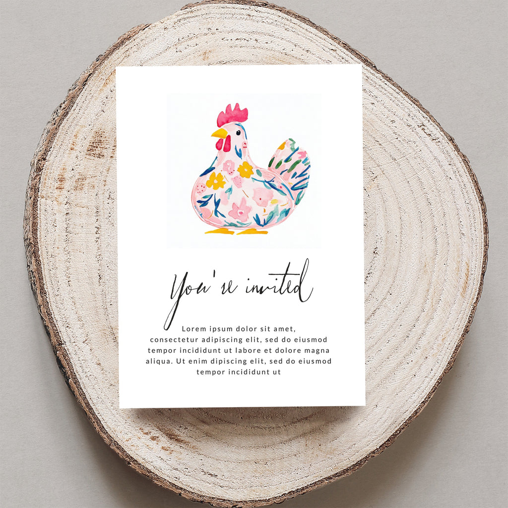 Card with floral chicken illustration and "You're invited" text.