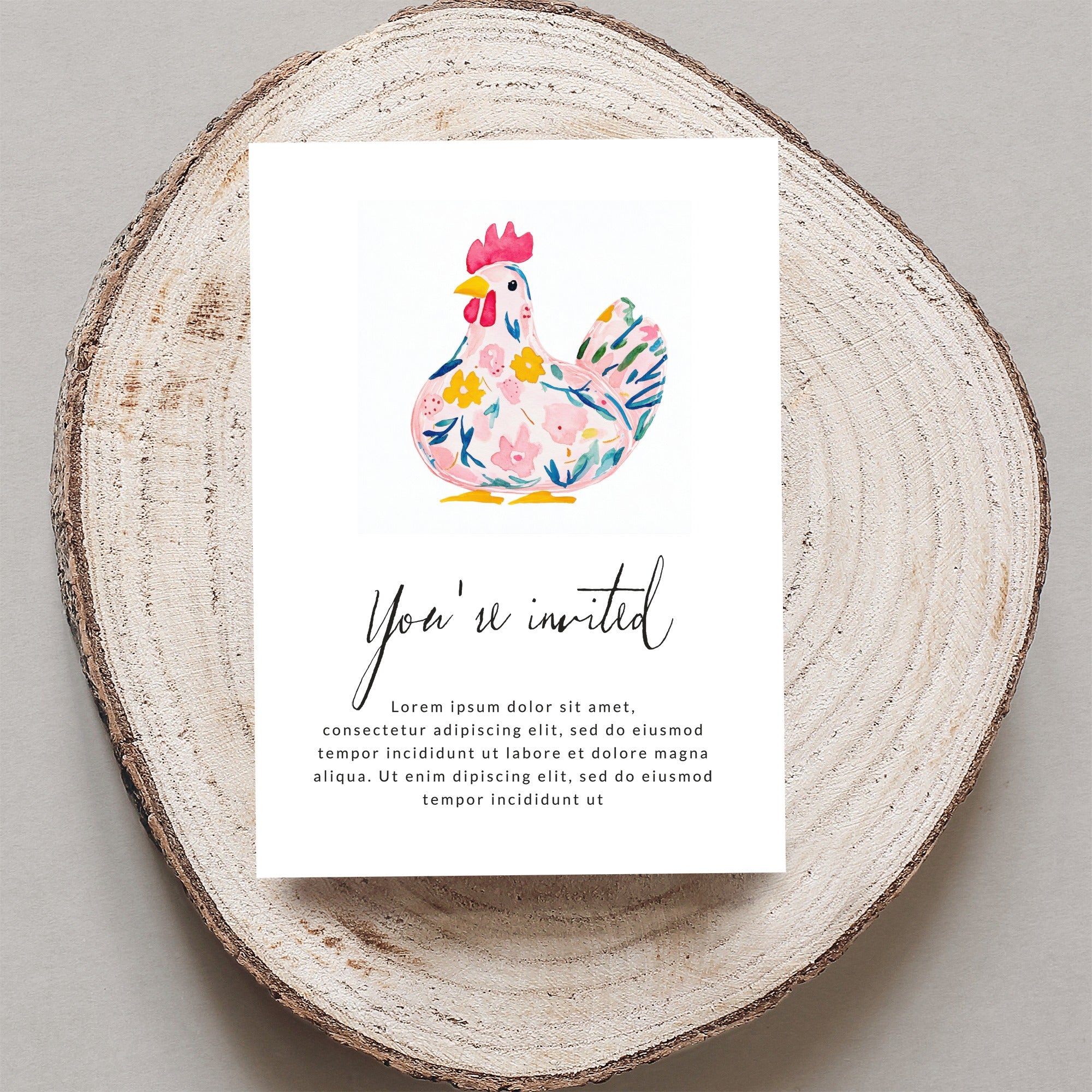 Card with floral chicken illustration and "You're invited" text.