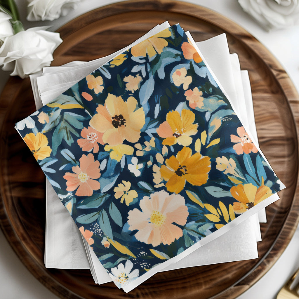 Vibrant Dark Blue Floral Napkins with Yellow Flowers