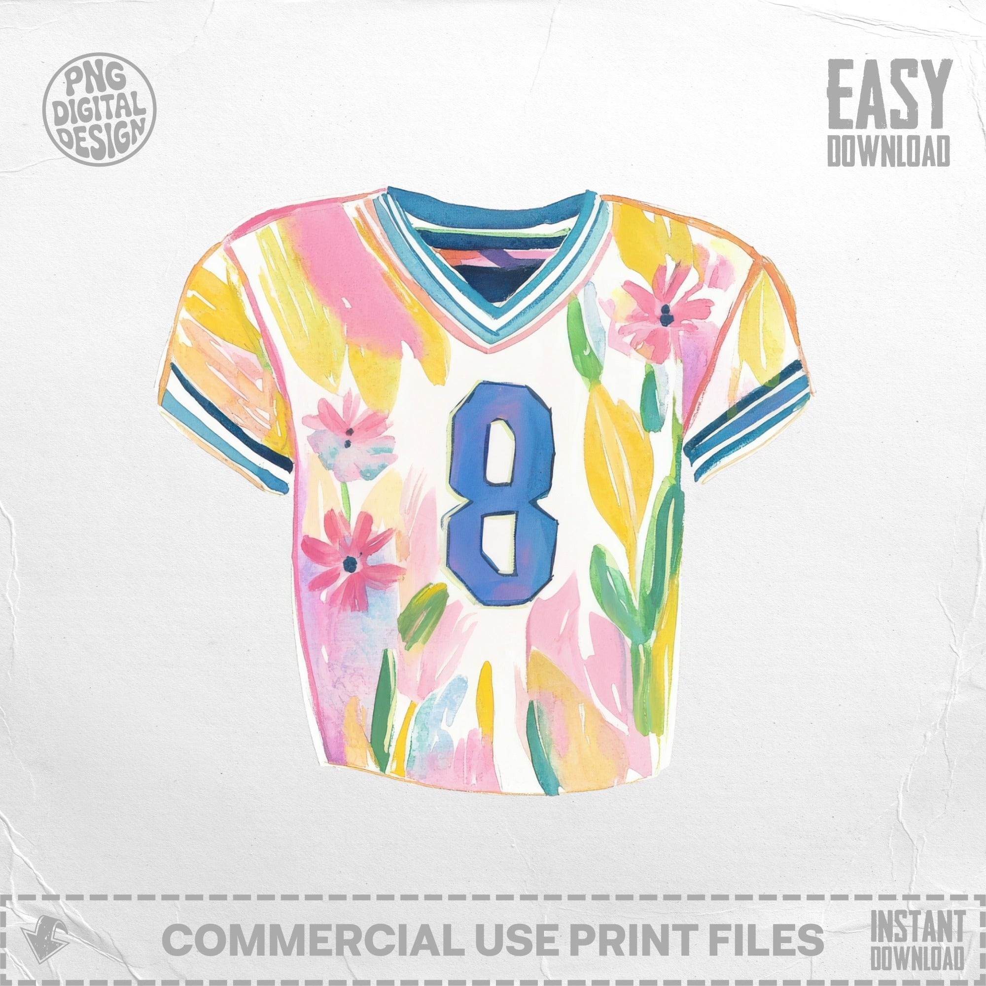 Watercolor athletic jersey with floral pattern and number 8.