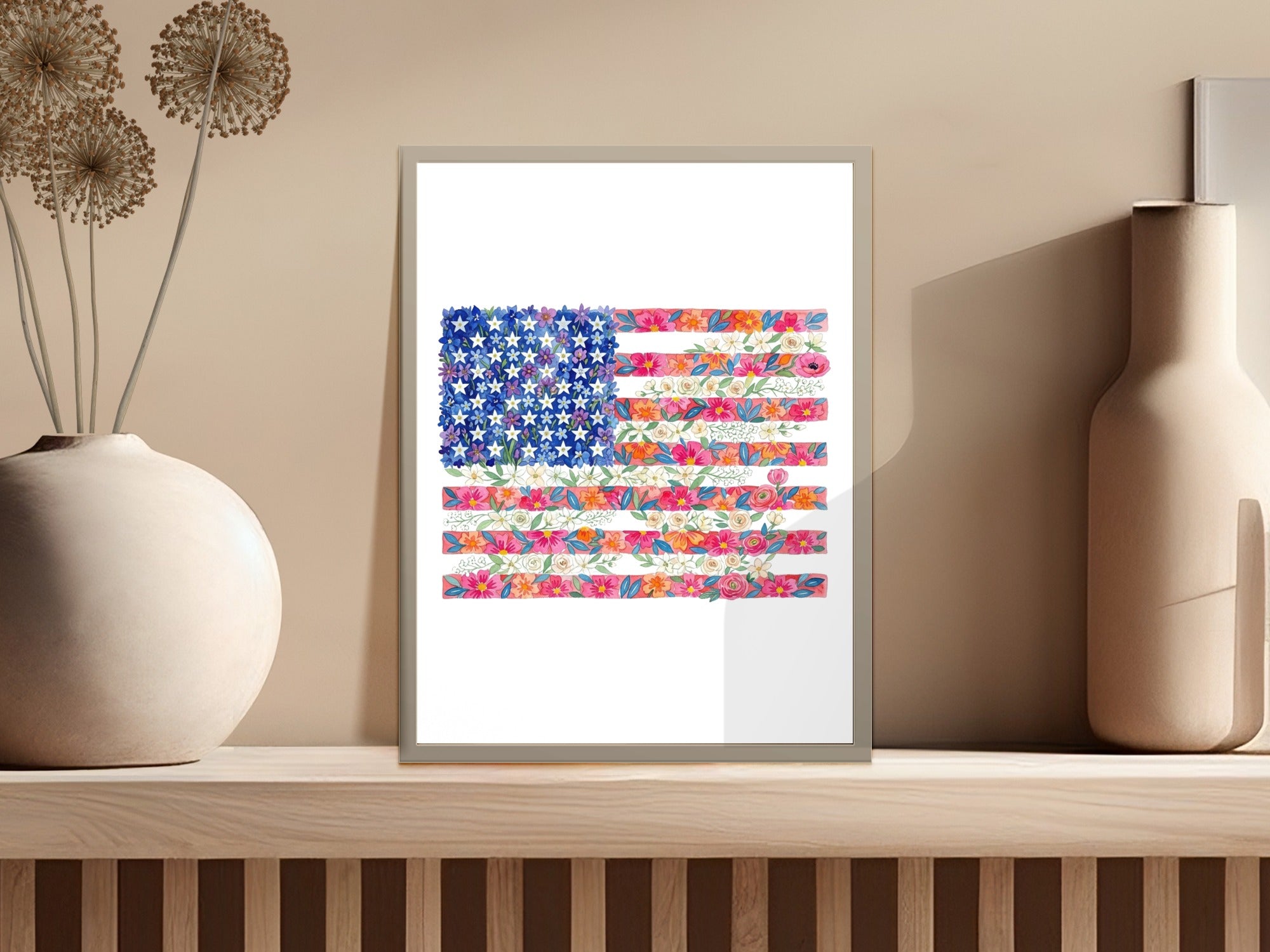 American flag design made of colorful flowers and stars.