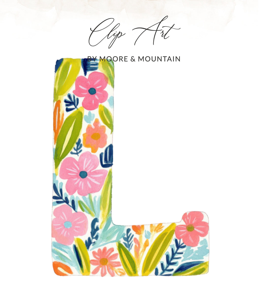 Floral letter L artwork by Moore & Mountain with colorful flowers and leaves.