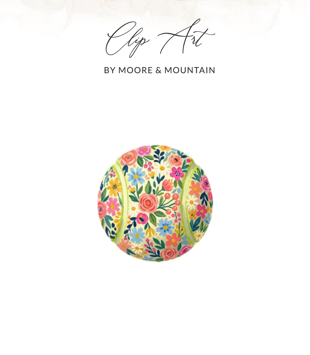 Floral tennis ball with "Clip Art by Moore & Mountain" text.