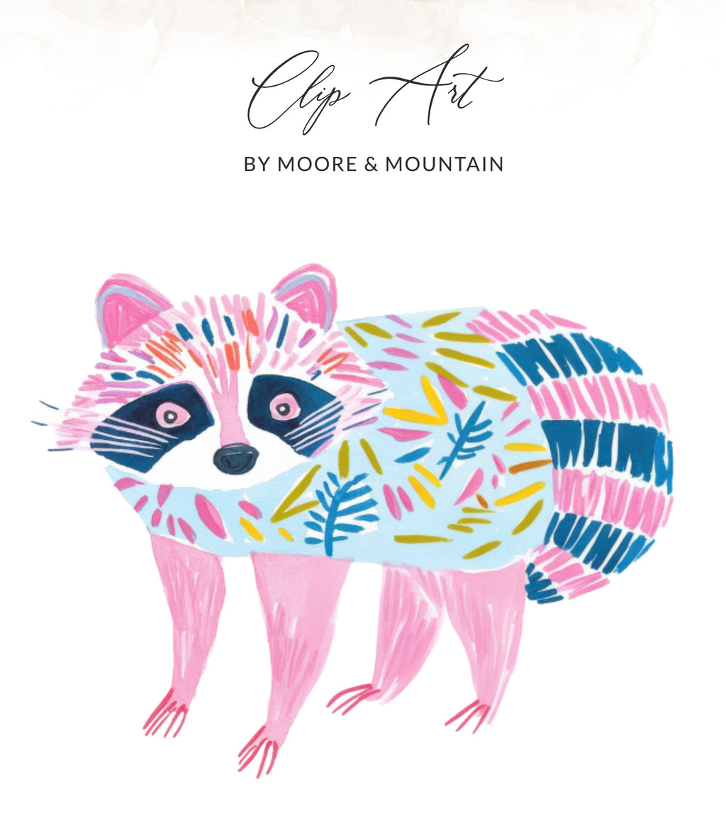 Whimsical raccoon illustration with pink, blue, and yellow abstract patterns.