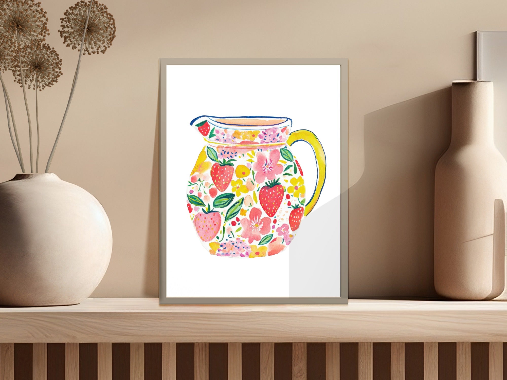Watercolor pitcher filled with strawberries and flowers on a shelf.