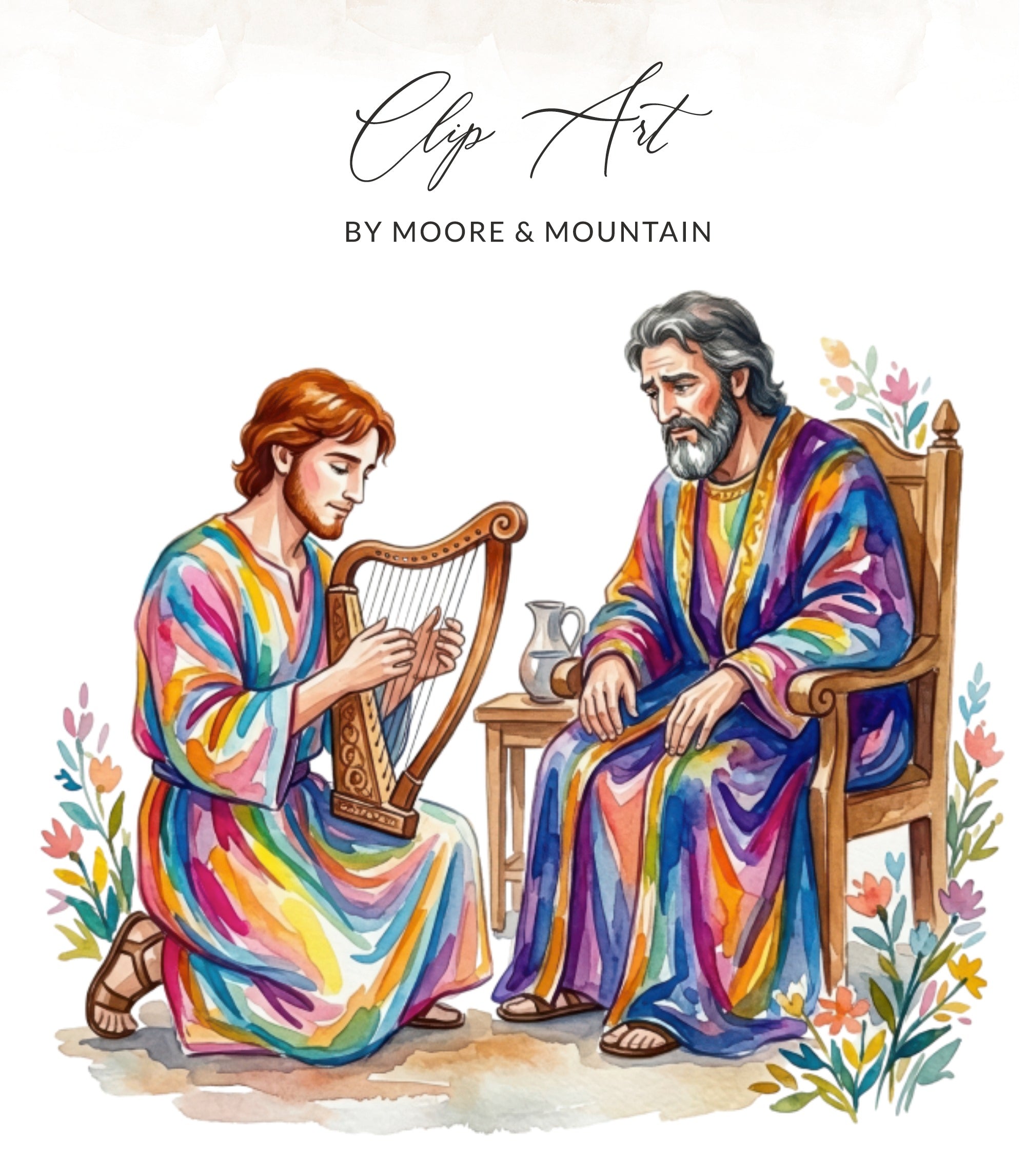 Two men in colorful robes sit as one plays a harp.
