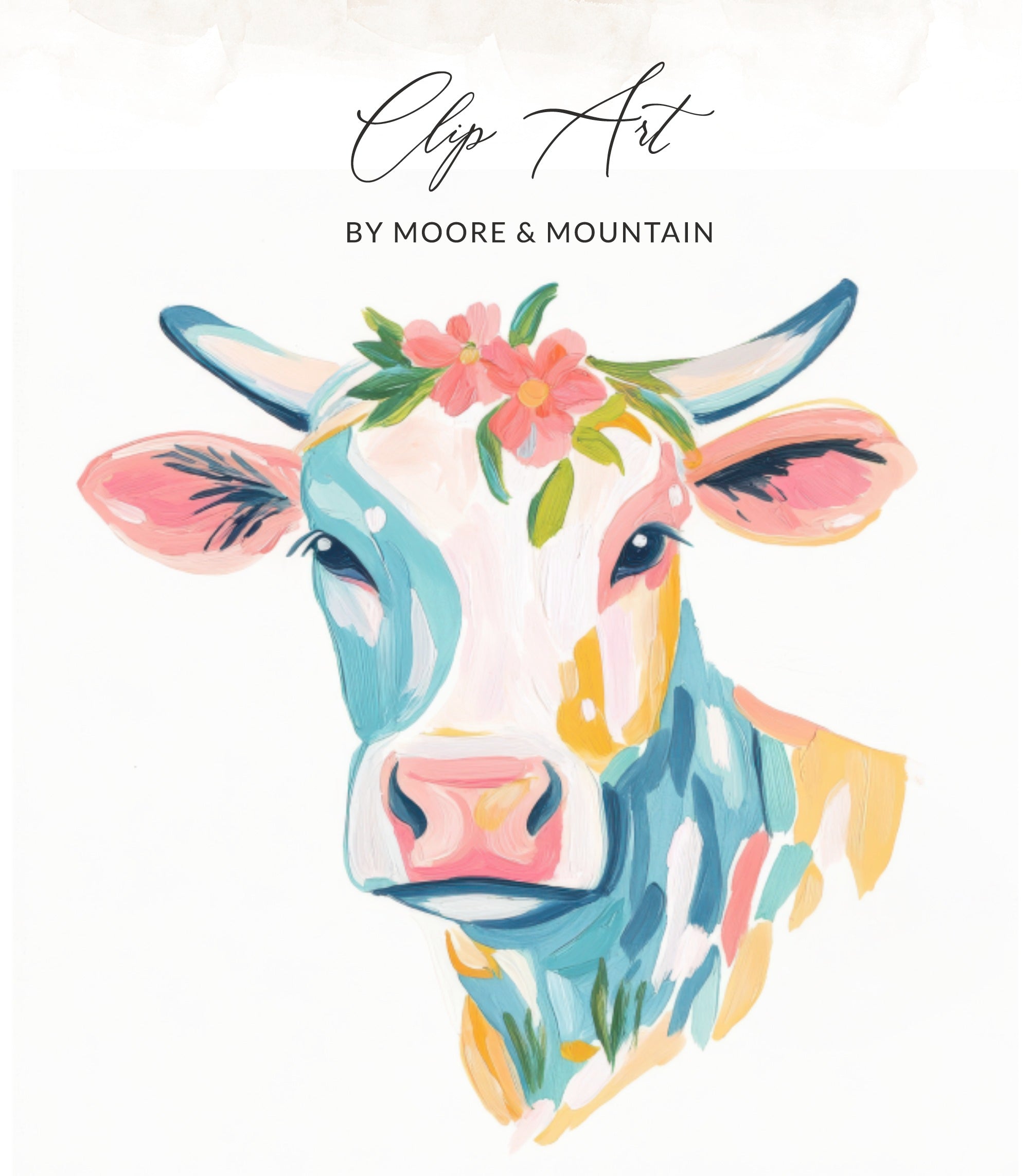 Colorful painted cow with flowers on its head and "Clip Art" text.