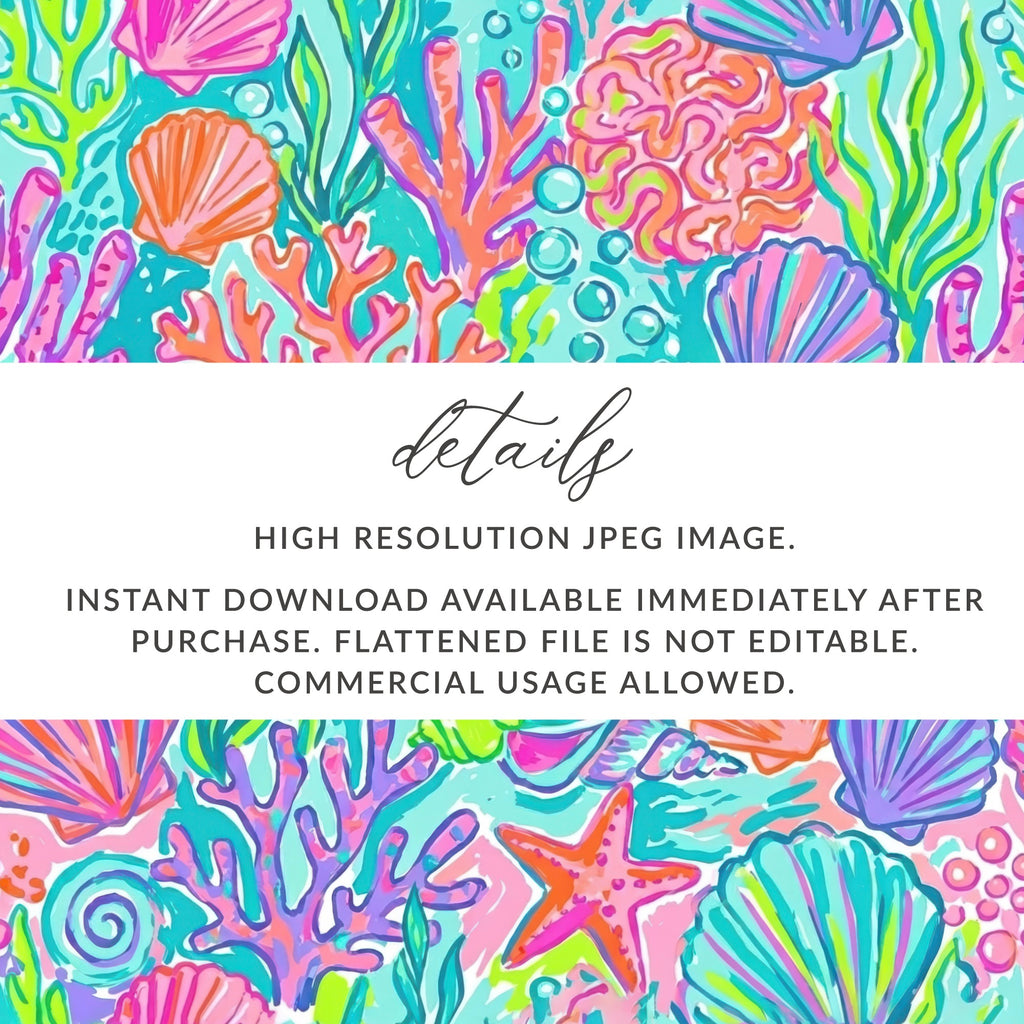 Coral, starfish, and seashells pattern with text overlay.