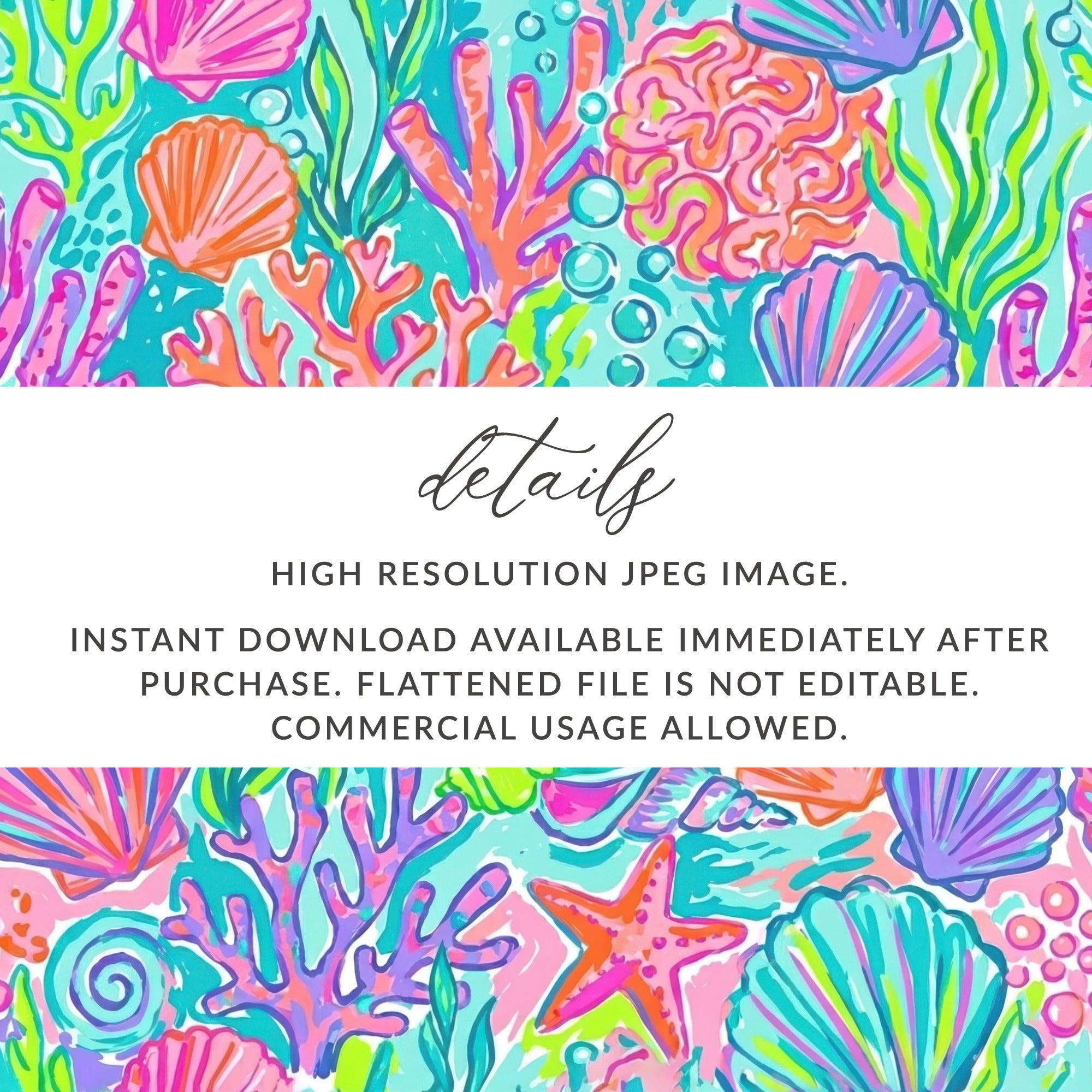 Coral, starfish, and seashells pattern with text overlay.