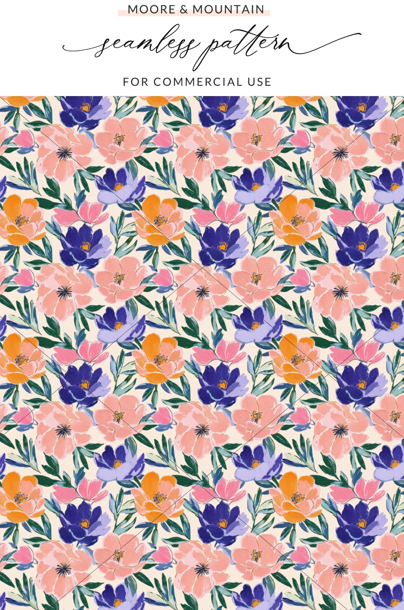 Seamless floral pattern in coral, purple, and orange on a cream background.