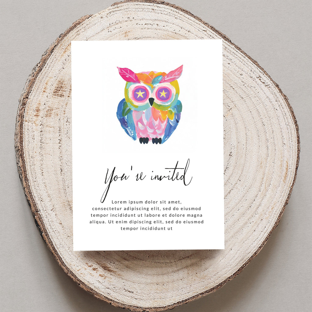 Colorful watercolor owl on an invitation that reads "You're invited."