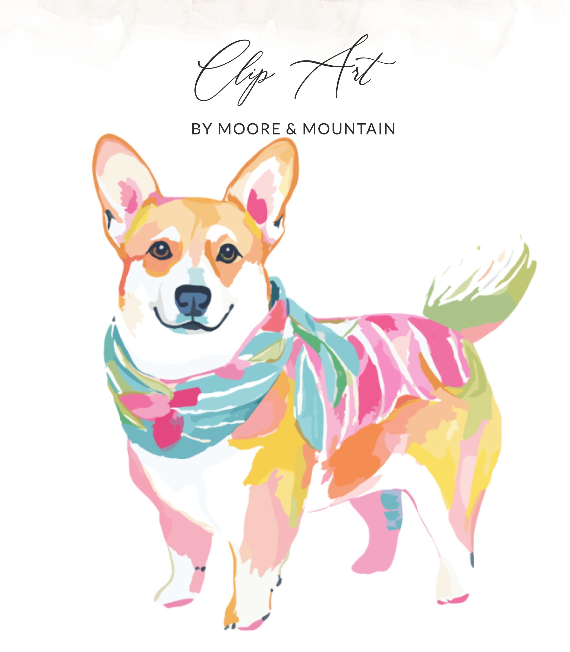 Watercolor Corgi wearing a colorful scarf, "Clip Art" by Moore & Mountain.