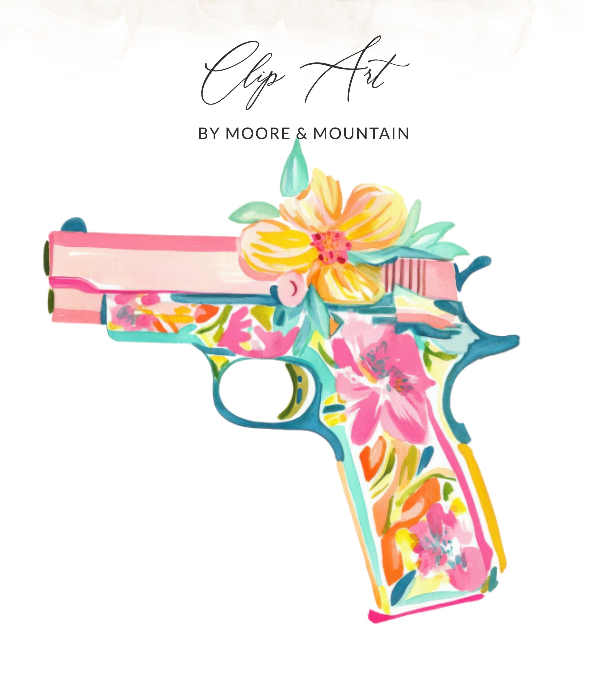 Pink handgun with floral pattern and flowers.