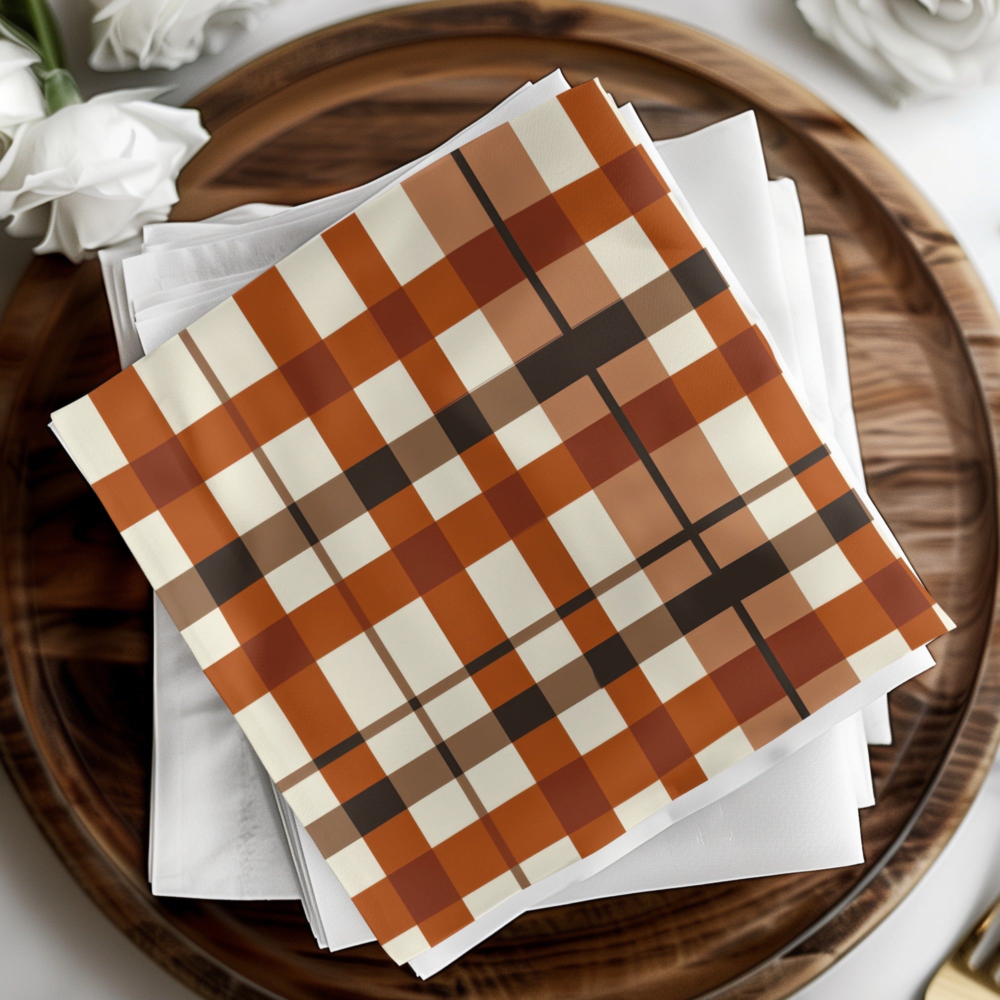 Orange and Brown Plaid Folded Napkins Home Decor Items